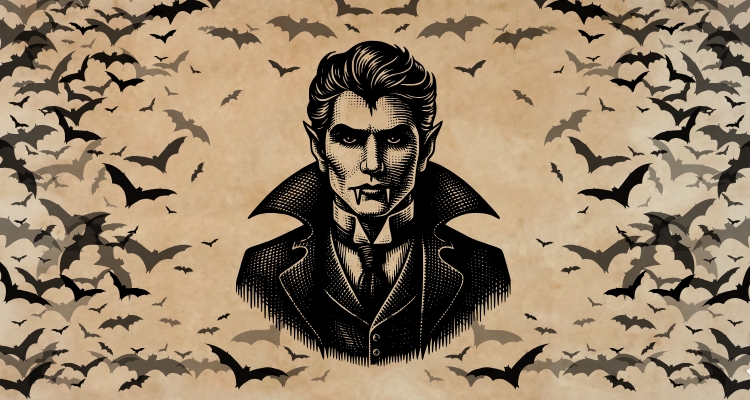 A sketch of a vampire sits in the middle of a vintage paper background as a lot of bats fly around page.