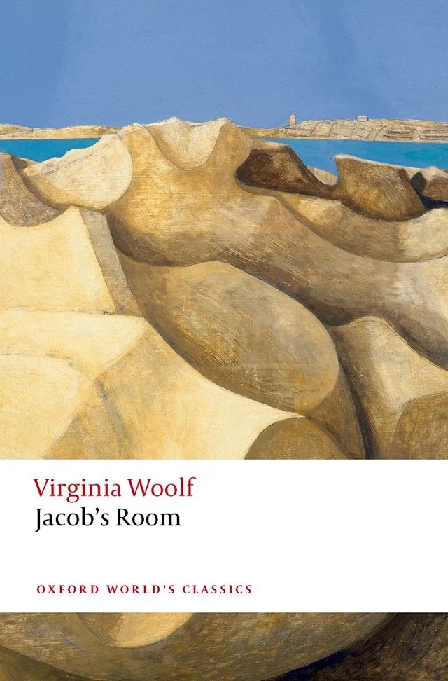 Jacob's Room book cover of a painting with yellow hills and cliffs with a sea and a blue sky in the background.