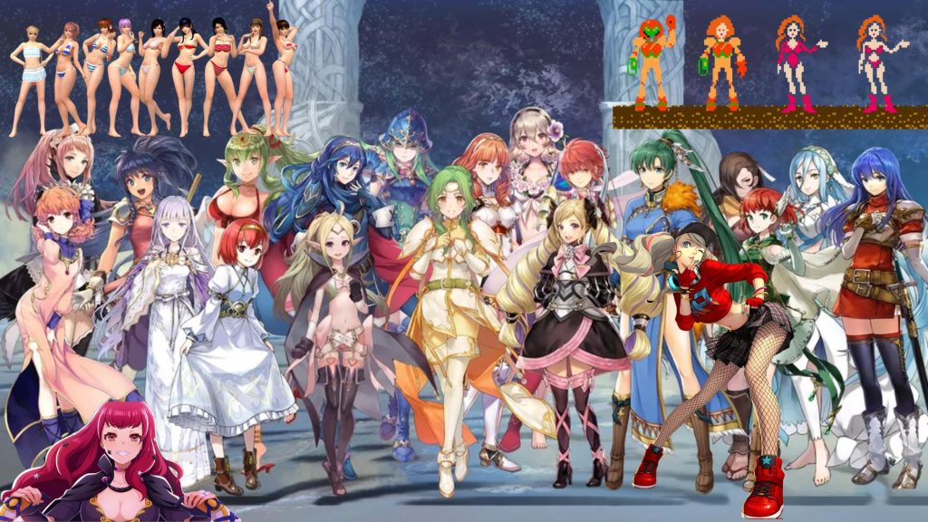 A collage of anime-inspired women/"waifus" stand together. Samus (Metroid) is seen transitioning from a suit of power armor to a bikini. And in the other corner, a group of women fighters from Dead or Alive are posing in bikinis.