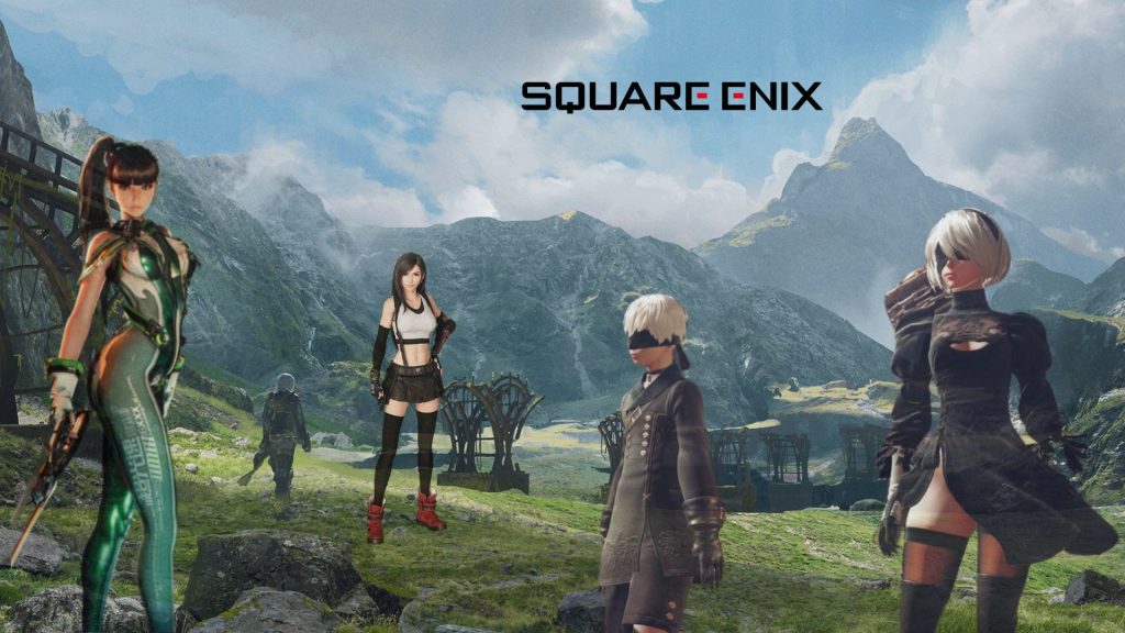 A lush green mountainside with the logo of Square Enix at the top. Eve (Stellar Blade), Tifa (Final Fantasy 7), 2B, and 9S (Nier Automata) stand at the forefront.
