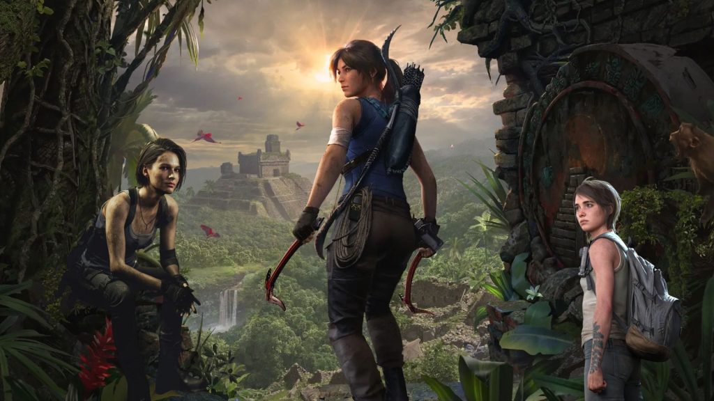 The emergence of a jungle path into a vast forest. Three female protagonists await at the opening. Lara Croft (Tomb Raider) is in the center holding two pickaxes. Ellie Williams (The Last of Us 2) is in the bottom right. And Jill Valentine (Resident Evil 3) sitting next to Lara.