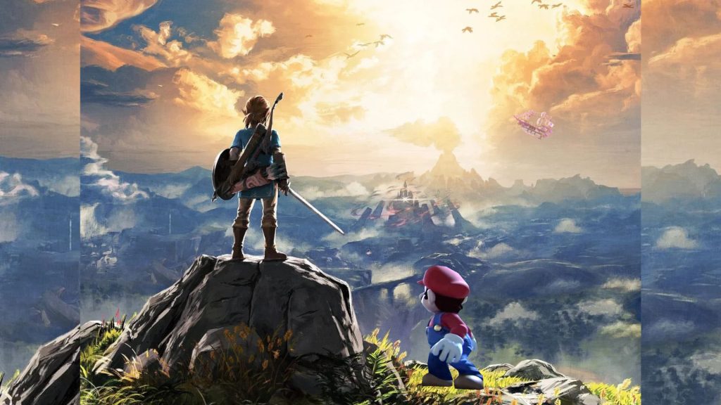 Link and Mario standing on a hilltop looking to the horizon. A faint Bowser ship flies in the sky.