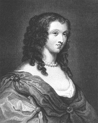 A black and white portrait of Aphra Behn. She wears a billowing gown and a pearl necklace.