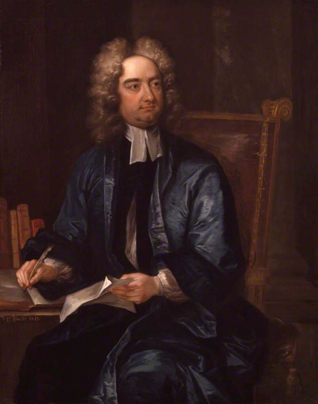 A portrait of Jonathan Swift. He wears a white blouse with a tied collar and a blue coat. He sits in a red gilded chair and writes with a quill. Four books are on the desk.