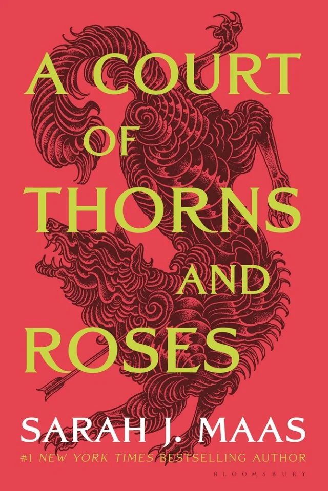 A red book cover featuring an intricate black illustration of a mythical creature. The title is in bold yellow text, and the author’s name, Sarah J. Maas, is displayed in white.