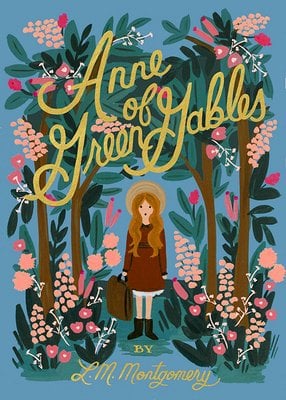 A whimsical illustrated book cover with Anne Shirley standing in a forest filled with blooming flowers. The title is written in golden cursive text, matching the book’s warm and nostalgic aesthetic.