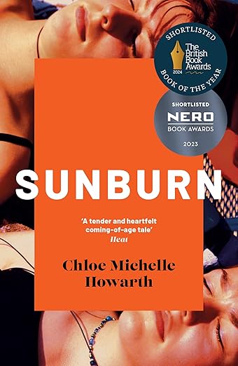Sunburn book cover of an orange rectangle with two girls sunbathing in the background.