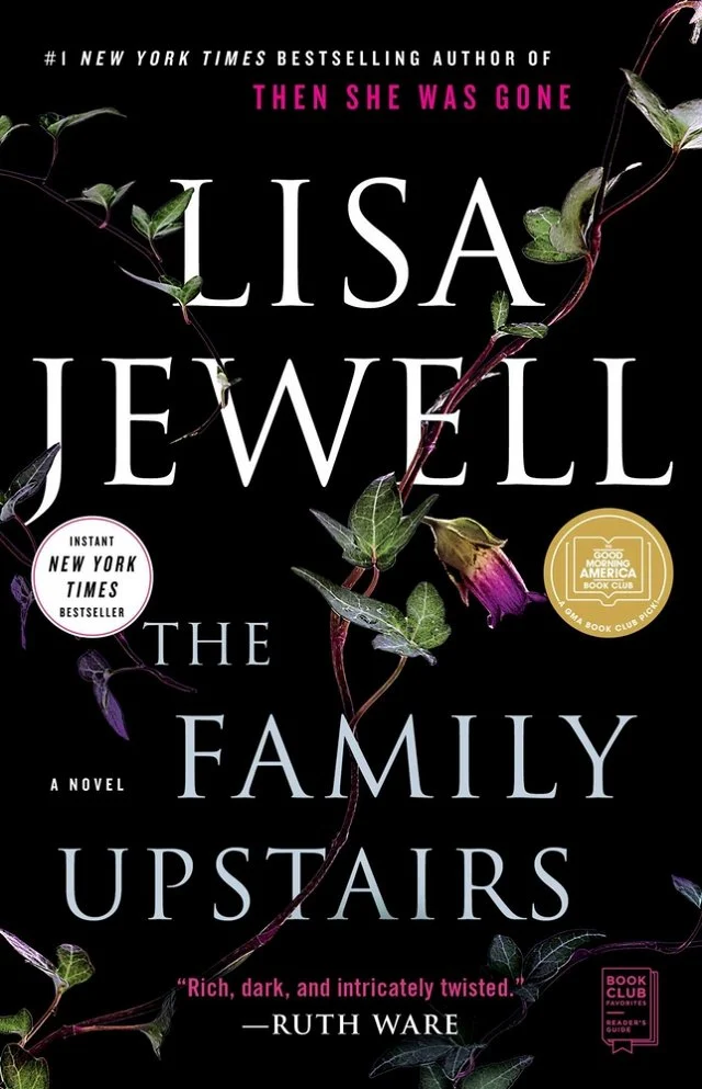 The Family Upstairs book cover with purple flowers across a black background.