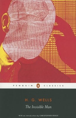 A book cover for The Invisible Man featuring an outline of a head, with a hand gently placed on it, adorned in vibrant red and yellow patterns.