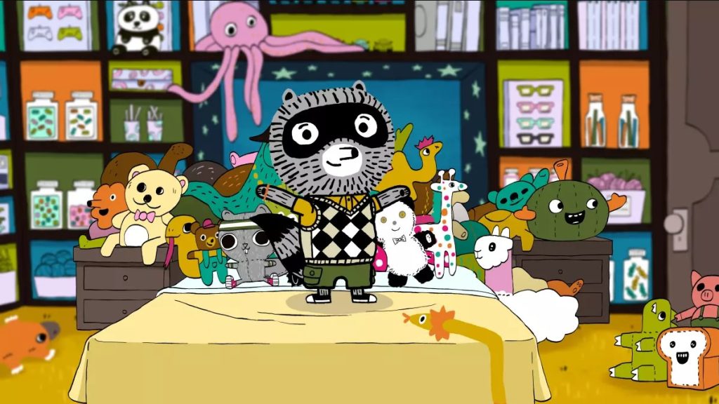 Carl the raccoon posing proudly while standing on his bed, surrounded by his collections, including his expansive collection of stuffed animals.