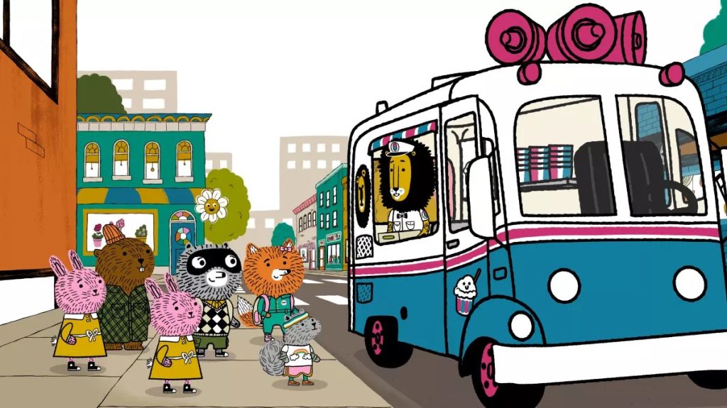 The cast of Carl the Collector including all six characters standing on a sidewalk and talking to a lion in an ice cream truck.