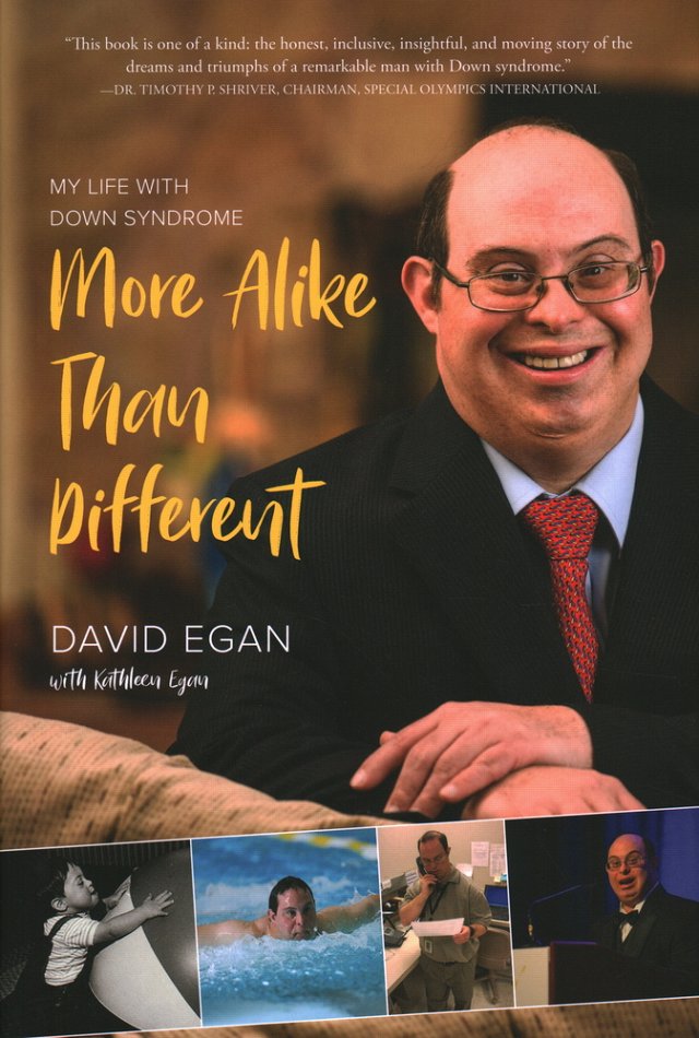 More Alike than Different by David Egan. A picture of David in a nice suit with pictures of him at the bottom of the book to show different events in his life.