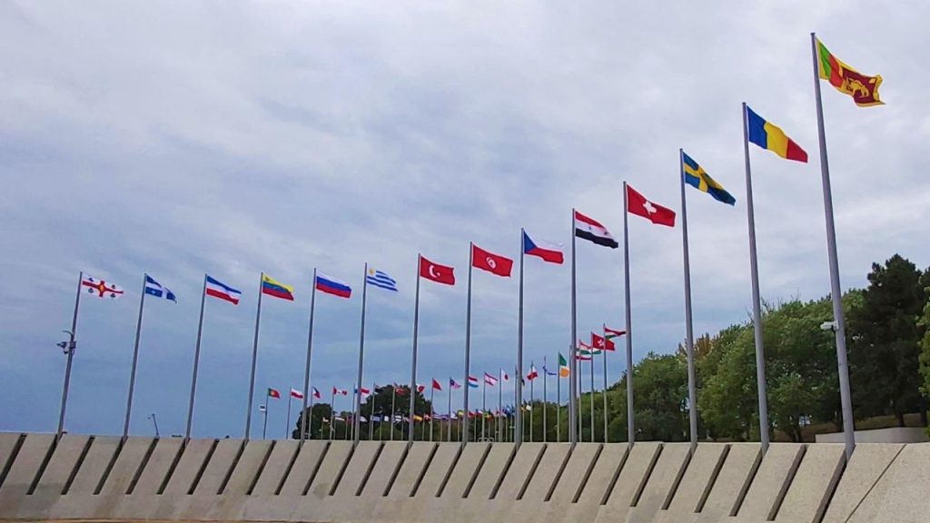 A photo representing the different flags of each country. They are all lined up with trees in the background.