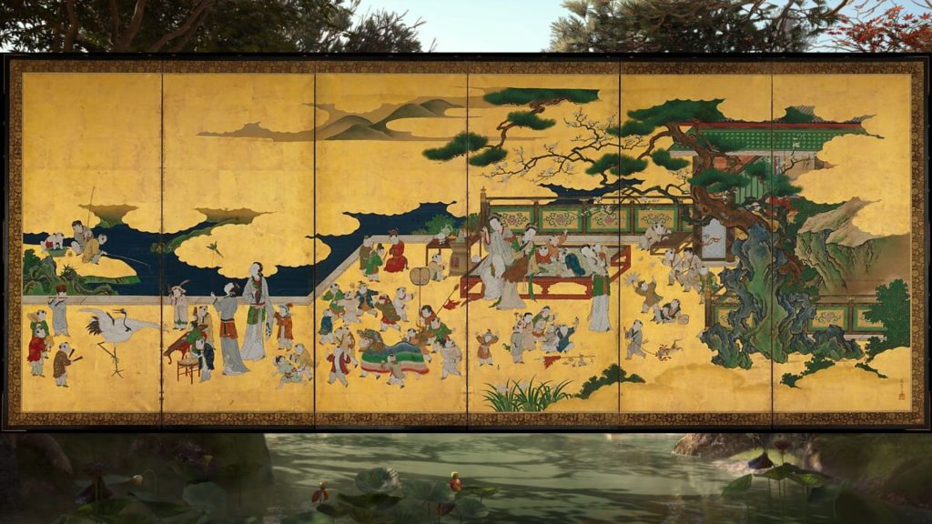 Traditional artwork painting of the Edo history. A Japanese backdrop sits behind the mural.