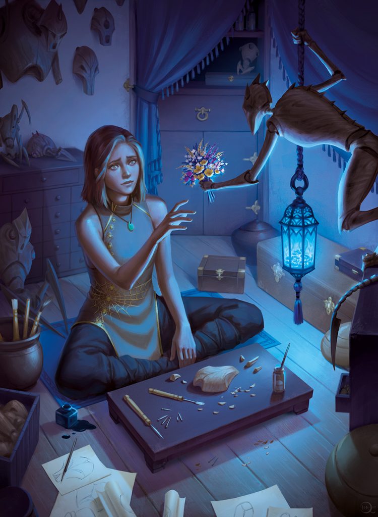 A cluttered room that is only lit by a single blue lantern hanging from the ceiling. Wooden masks and blue fringed curtains hang from the walls. Drawers, trunks, and pots are littered on the floor. A woman with short hair wears a sleeveless green tunic with gold accents, black trousers, and a green necklace. She sits cross-legged on a blue mat in front of a work station with a partially formed wooden mask, chisels, and wood shavings. On the floor beside her are sketches and a spilled ink stand. Dangling from the lantern is a wooden creature offering a bouquet of flowers to the woman.