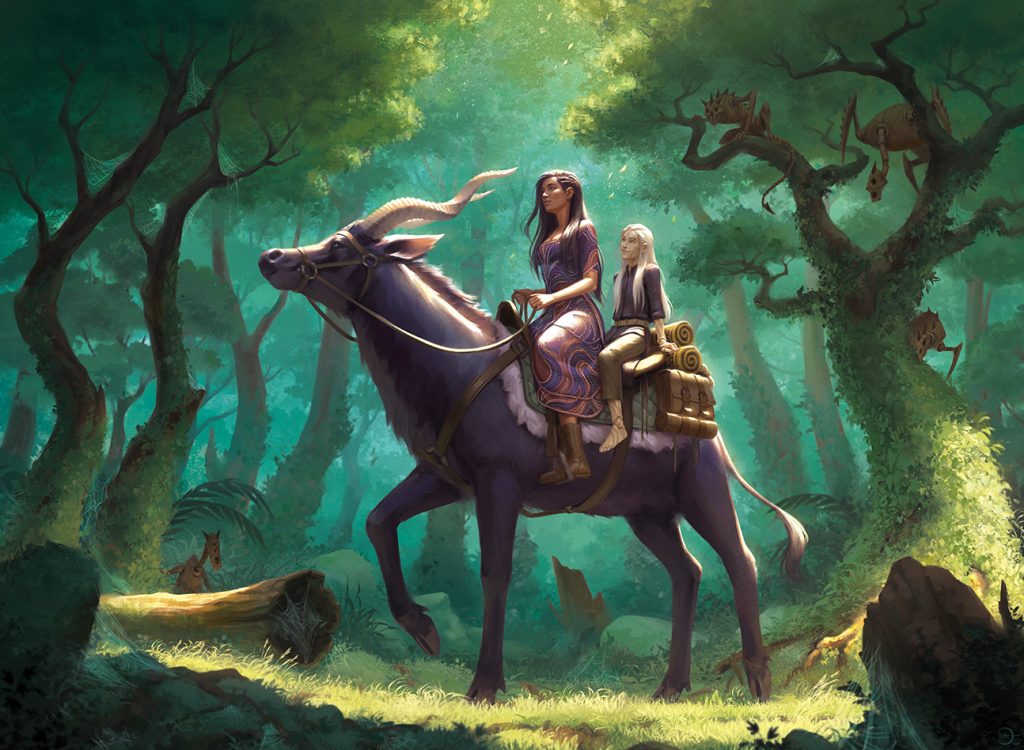 A green forest background. In the center, a purple horse-like creature with curved horns, a brown leather saddle with rolled blankets, saddlebags, and a green blanket with pale furry edges. On the saddle is a dark-haired woman wearing a purple and orange dress and brown boots. Behind her on the saddle is a small girl with white hair wearing a purple tunic, brown trousers, and white sandals. Peering from behind the trees are wooden automaton machine monsters.