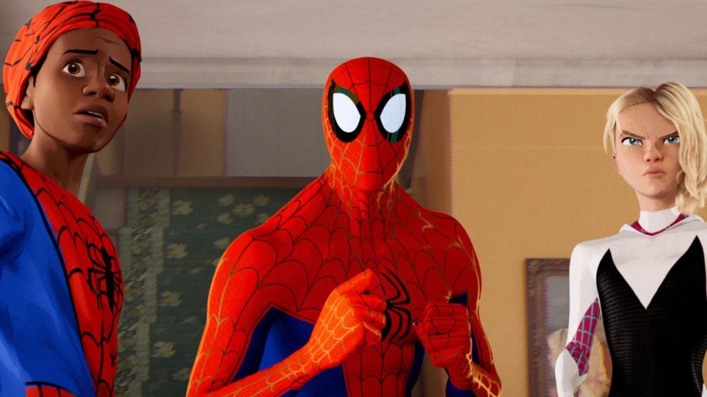 Animated scene featuring three Spider-People from 'Spider-Man: Across the Spider-Verse,' including Miles Morales, Peter Parker, and Gwen Stacy, in a dramatic moment with expressive reactions.