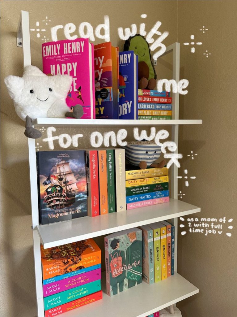 A picture of a bookshelf from @bookishlyjoceline, the words "read with me for one week" are written in white on top of the books. Below in tiny print is written in white, "as a mom of 2 with full time job."