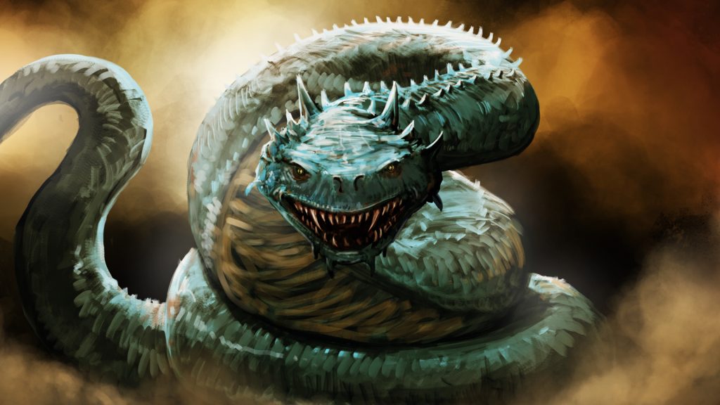 A green snake with two rows of sharp spikes running down its body and sharp fangs stares menacingly at the viewer with its mouth open and curled up like it's ready to strike.