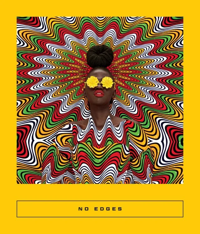 No Edges book cover with a yellow background and a woman wearing yellow flower glasses and surrounded by psychedelic patterns of white, orange, green, and yellow lines.