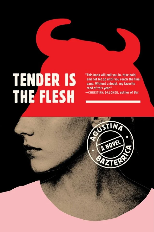 Tender is the Flesh book cover of the bottom half of a person's side profile and the top half of a red animal head with horns.