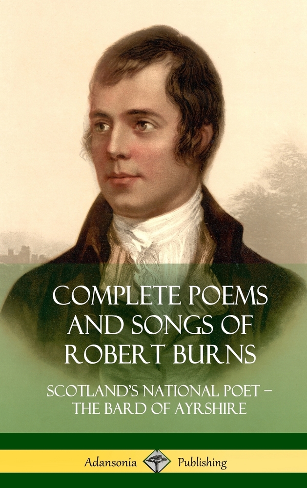 A Robert Burns bust is centered against the backdrop of hazy trees and buildings. He has pale ruddy skin and flat short brown hair. He is looking to the left. He is wearing 18th century clothing, with a notable white lace inner shirt.