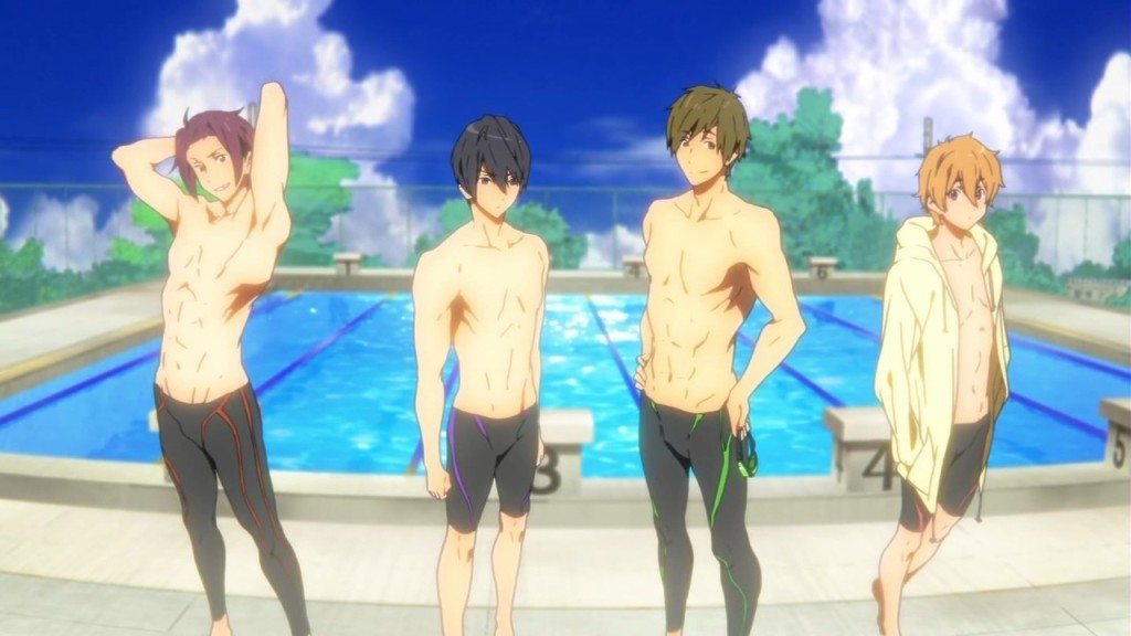Free! character from left to right: Rin Matsuoka, Haruka Nanase, Makoto Tachibana, and Nagisa Hazuki posing shirtless in front of a pool
