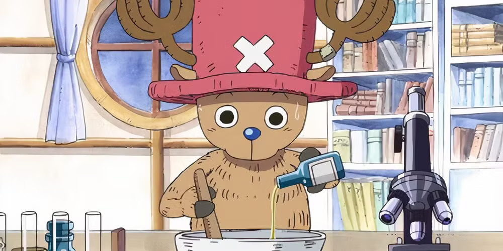 Chopper from One Piece mixing up medicine with vials and a microscope nearby and bookshelves in the background