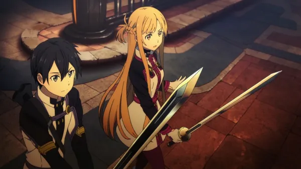 Kirito and Asuna from Sword Art Online standing with their swords out and ready to fight