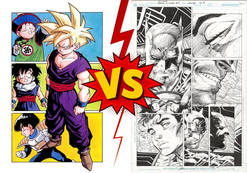 A comparison of manga and American comics, with the manga drawn in color and the comics in black and white