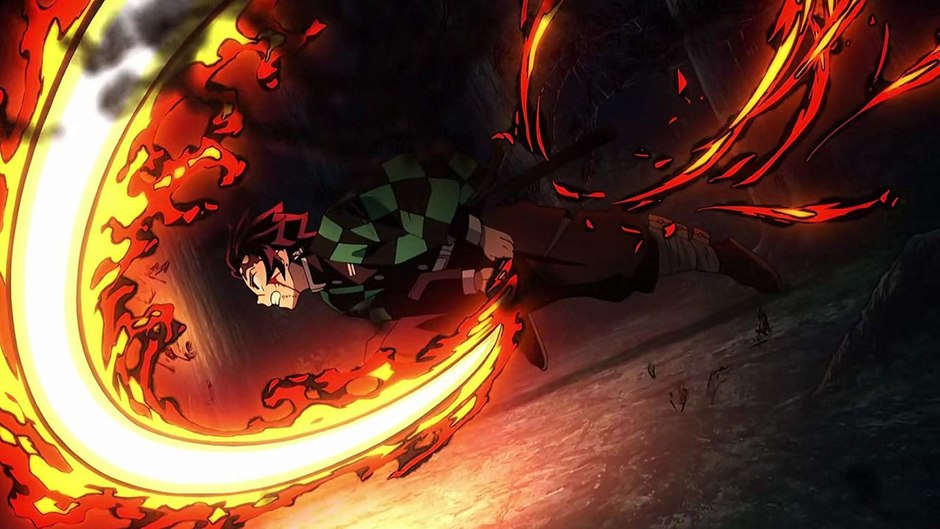 Kamado Tanjiro from Demon Slayer using his Hinokami no Kagura fighting style with hissword on fire