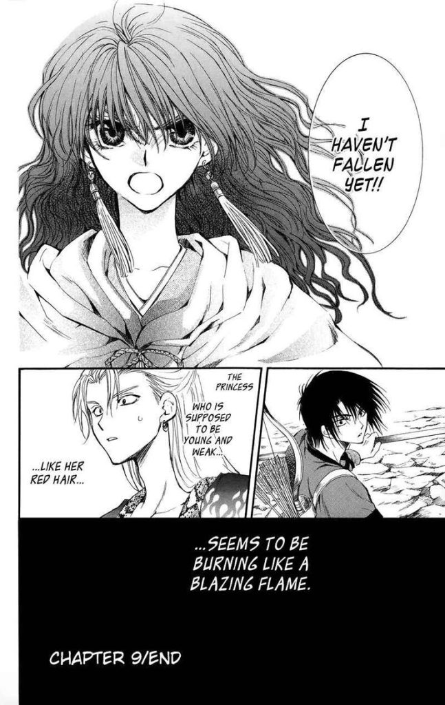 A manga panel for Yona of the Dawn Chapter 9 featuring Yona, Hak, and Kan Tae-Jun