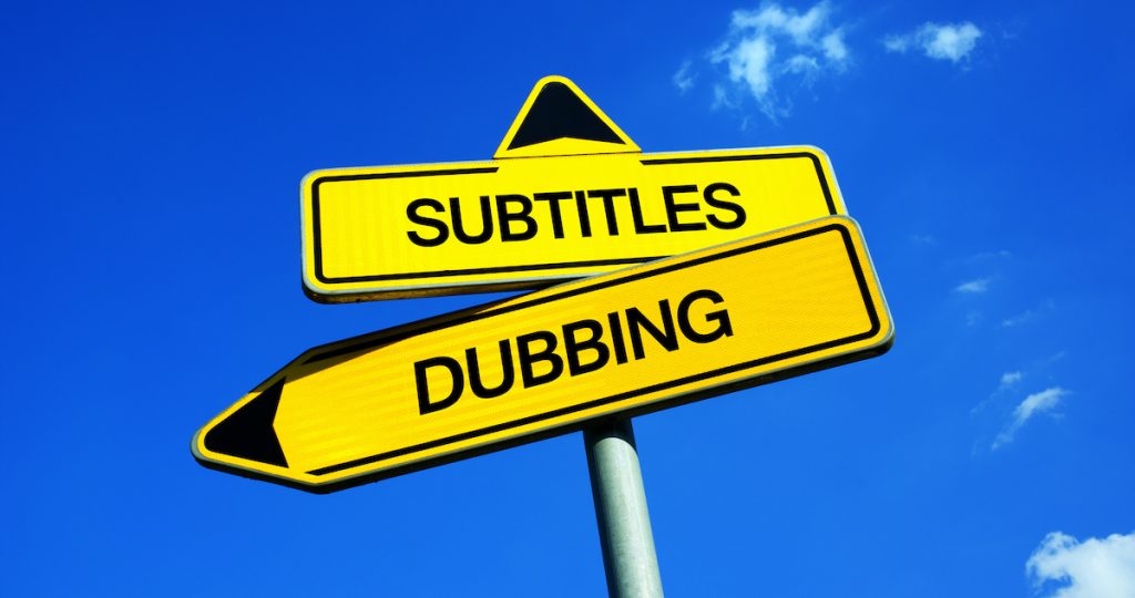 An imitation of a road sign with the words Subtitles and Dubbing going in different directions