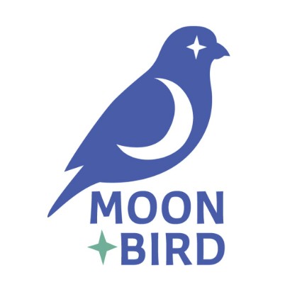 Plain white background, with a bluebird as a logo. The eye is a star, and the wing area is shaped like a white crescent moon.