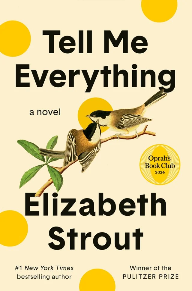 A pale yellow background. A branch with two yellow and black birds. Five yellow dots. Tell Me Everything in black lettering.
