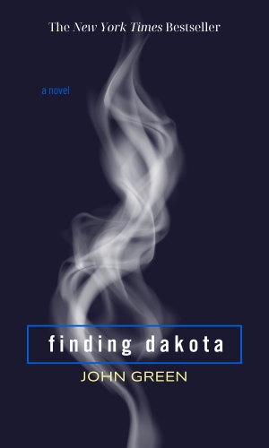 A dark blue background. Wisps of white smoke in the center. Finding Dakota in white text encased in a blue outline.