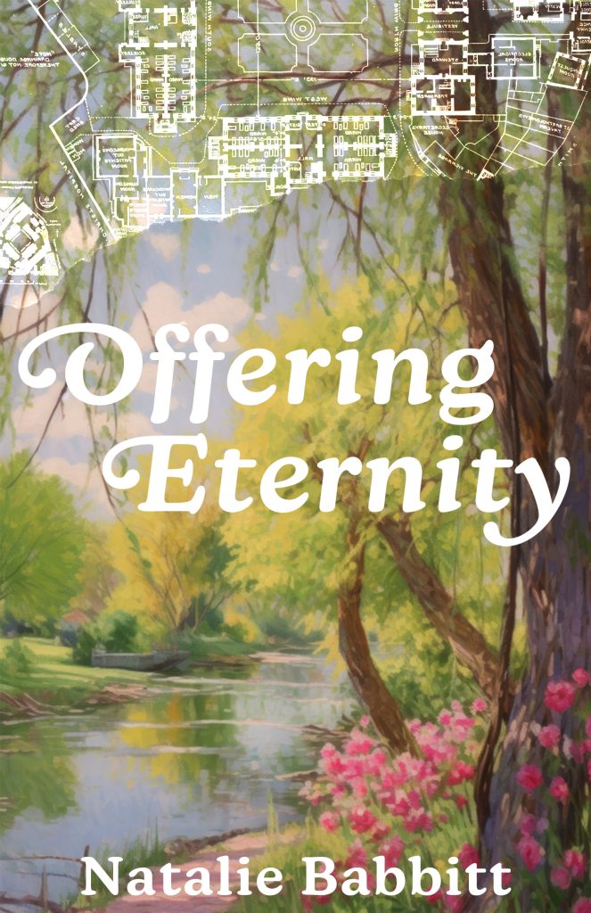 A painted landscape of green trees and pink flowers beside a riverbank. A blue sky with white clouds. Laid over the top is the white outline of a city plan. Offering Eternity in white lettering.