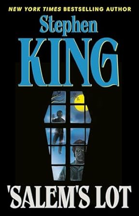 Black background with just a coffin-shaped window in the center, showing two undead figures outside the window on a full mooned night.