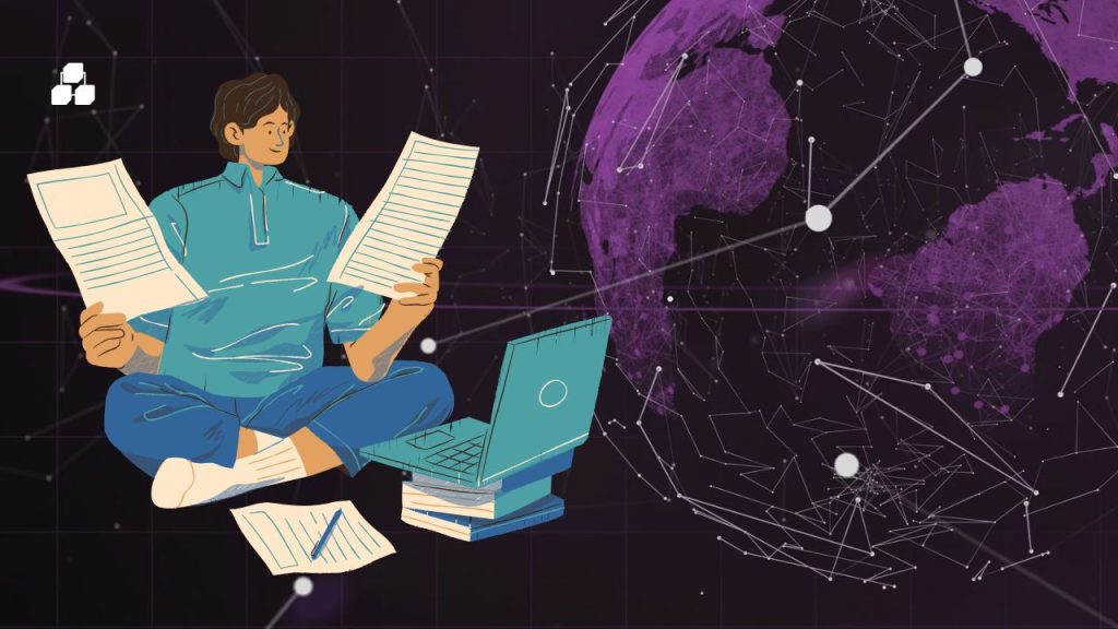 A cyber representation of Earth connected by a network. There is a person in blue studying papers and books, with a laptop open in front of him.