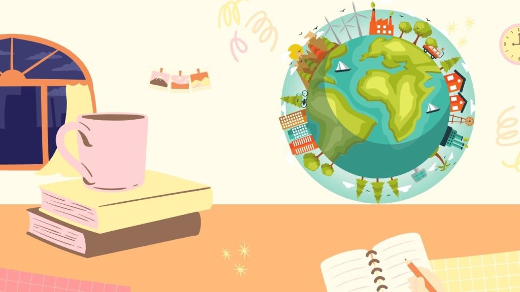 A warm, homey study space with a globe showing buildings and trees around the world.