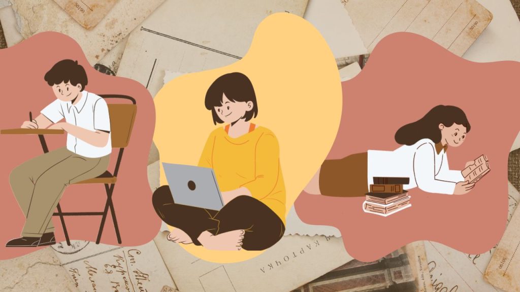 A spread-out pile of letters and notecards. There are three peach and yellow paint splotches, each with a person studying in them. One is working at a desk with a pen, one is working on a laptop, and the other is laying on her stomach while reading.
