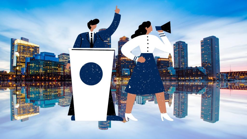 A cityscape background with a clear blue sky and clear water below reflecting the same. In the center, a man in a blue suit standing behind a podium and a woman in a blue skirt holding a microphone are giving a speech.