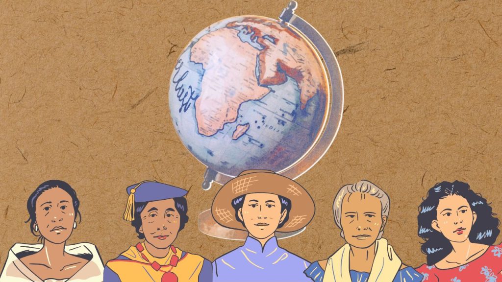 Parchment paper background, with a globe. There is a row of diverse multicultural women.