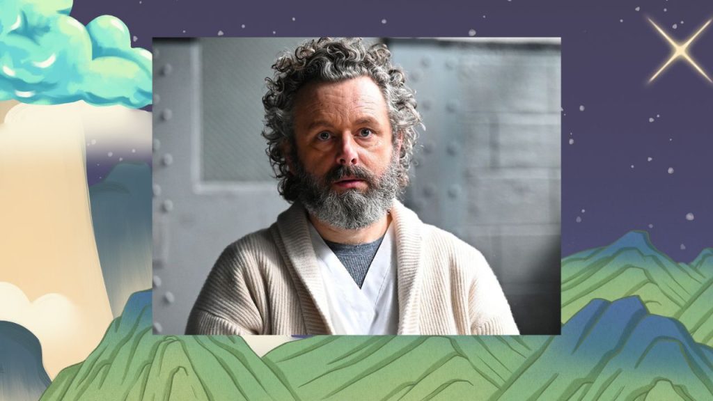 Fantasy themed background with green rocky mountain tops, a purple night sky and stars. In the center is a portrait of Actor Michael Sheen from Prodigal Son.
