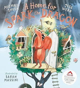 A whimsical home built like a nest, but with doors and windows and a porch. There is a cute red dragon stepping out the front door. There is a sticker on the lower right advertising that this is a charity partnership with Shelter.org.
