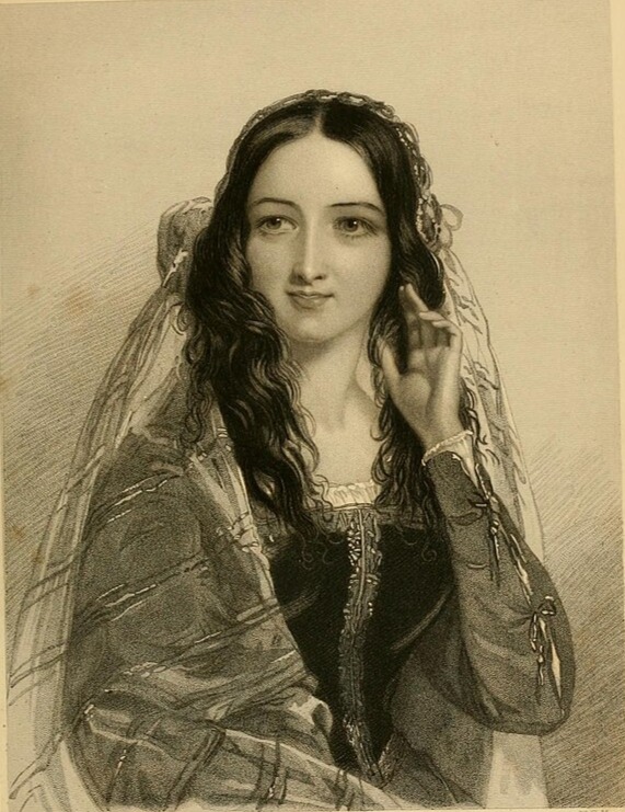 Black and white portrait depicting Beatrice from Shakespeare's Much Ado About Nothing. Beatrice is a young woman with long, wavy dark hair, covered by a veil. She looks toward the left with a faint smile on her face and raises her hand to her hair.