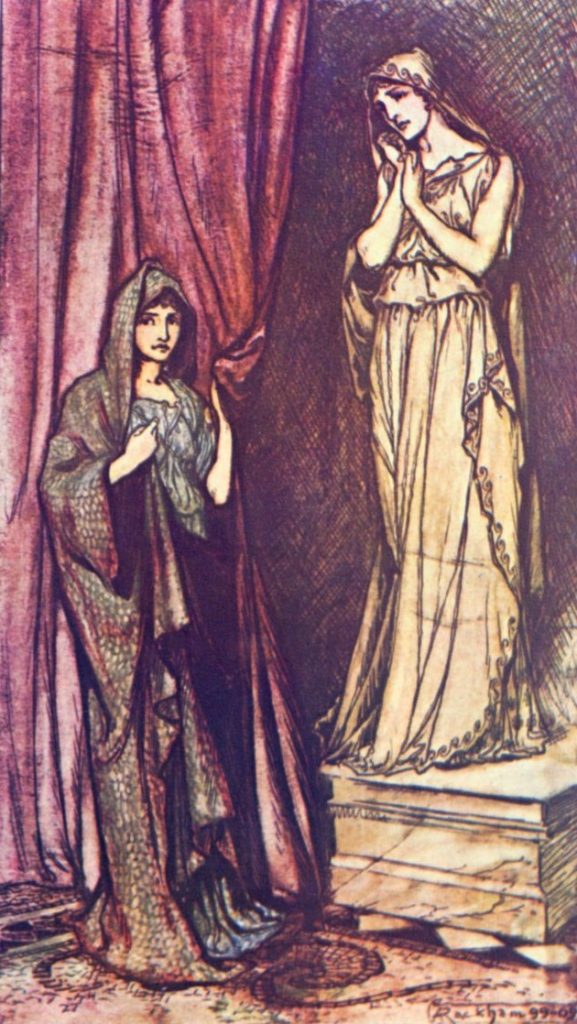 Illustration depicting Paulina and Hermione from The Winter's Tale. Paulina wears a robe and stands in to the left, drawing back a red curtain to reveal Hermione, a statue. Hermione poses on a pedestal with her hands clasped to her chin, looking sorrowful. A veil covers her hair.