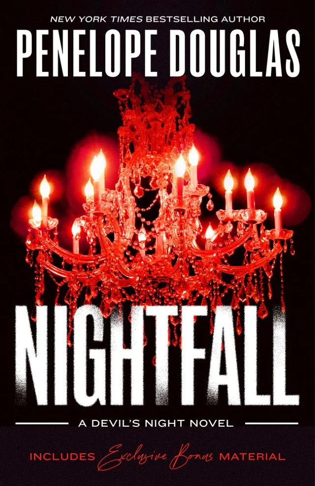 A black background with a red chandelier. Nightfall in white text.