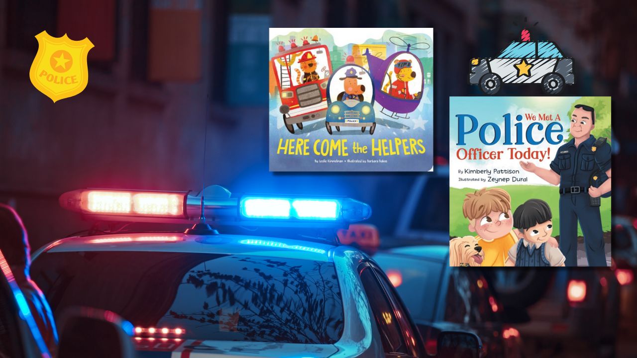 Two featured books on positive portrayals of law enforcement in childrens books. The background is a cop car with its red and blue lights on, along with two decals of a police badge and police car.