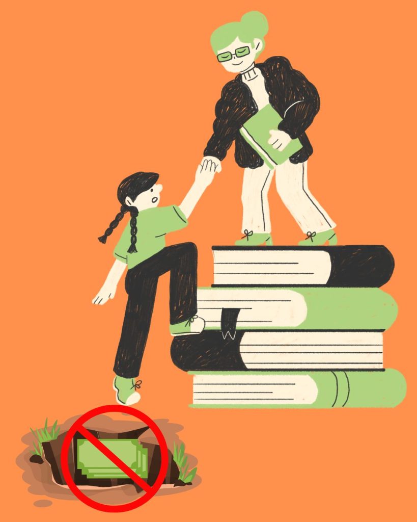 A woman with green hair, a black jacket, and a green book stands on a stack of green and black books and pulls a young girl out of a pit with a prohibition sign over money.